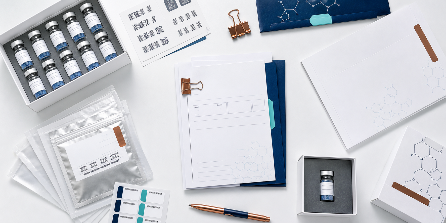 GHK-CU research peptide documentation and traceability flat lay