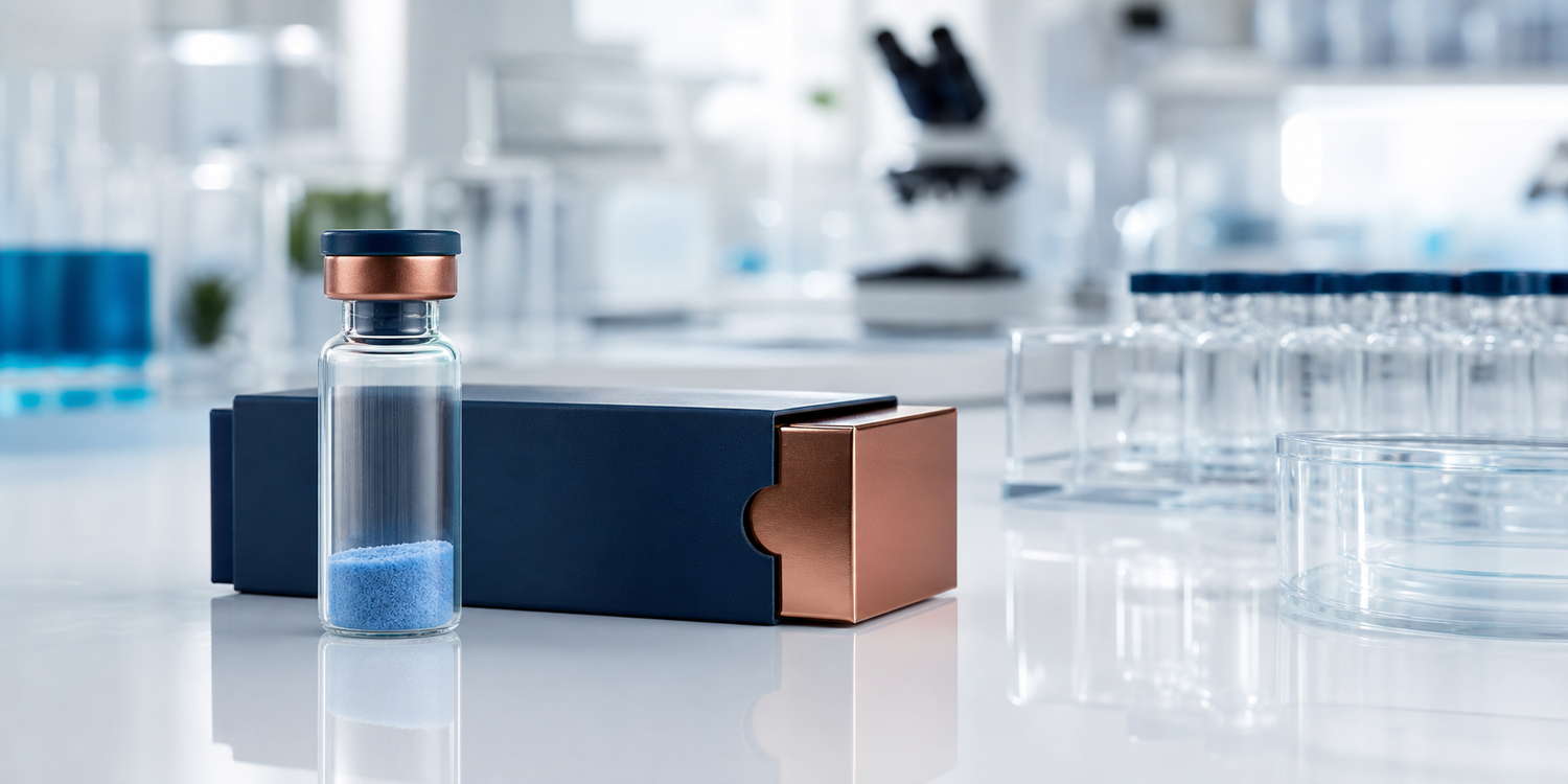 GHK-CU research peptide laboratory packaging scene