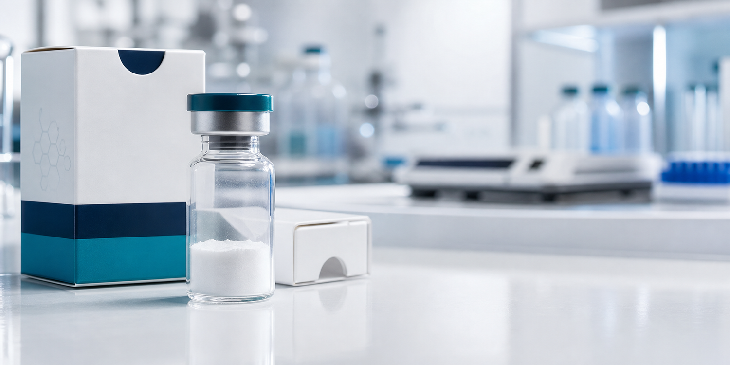 Retatrutide research peptide laboratory packaging scene